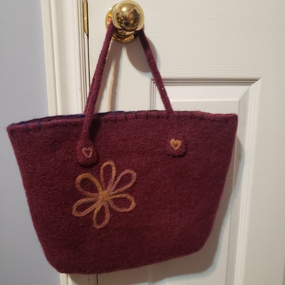 Felted Knit Tote Bag Plum Purple Yellow - Picture 2 of 8